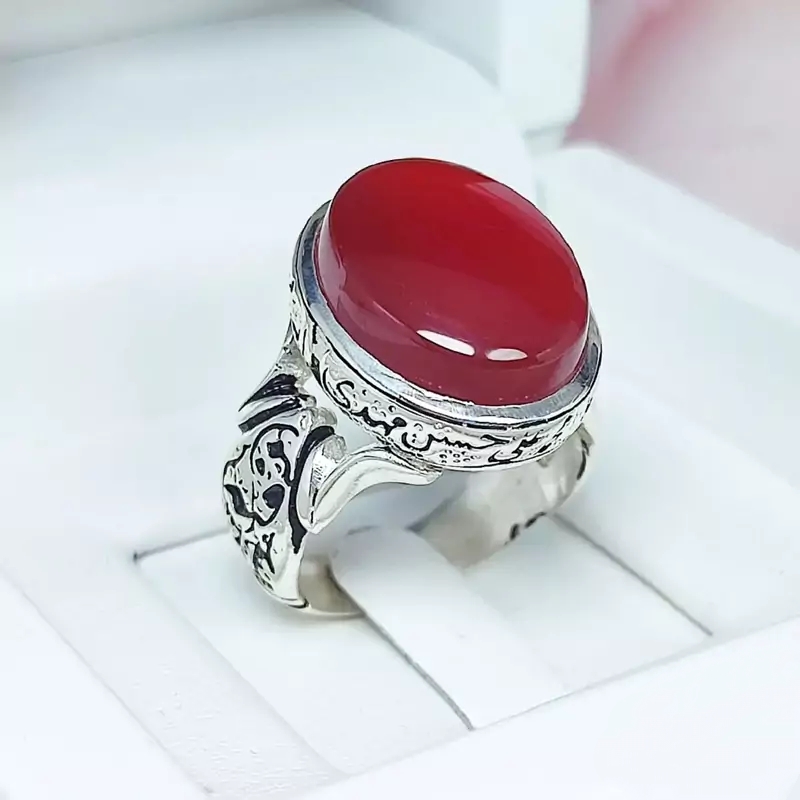 انگشتر مردانه عقیق سرخ رکاب یارقیه  (کد 1173)