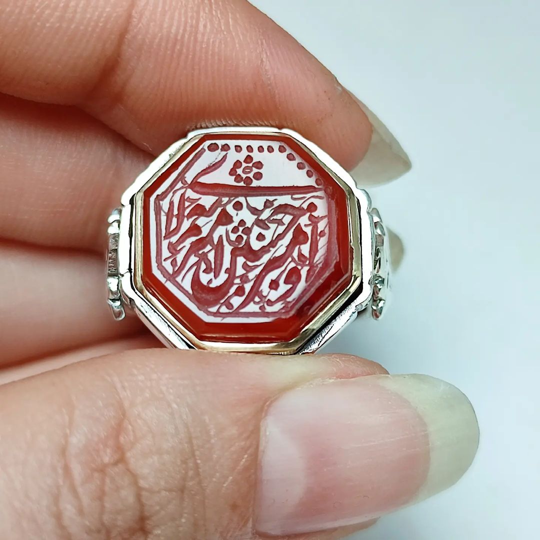 انگشتر عقیق سرخ مردانه 8 ضلعی