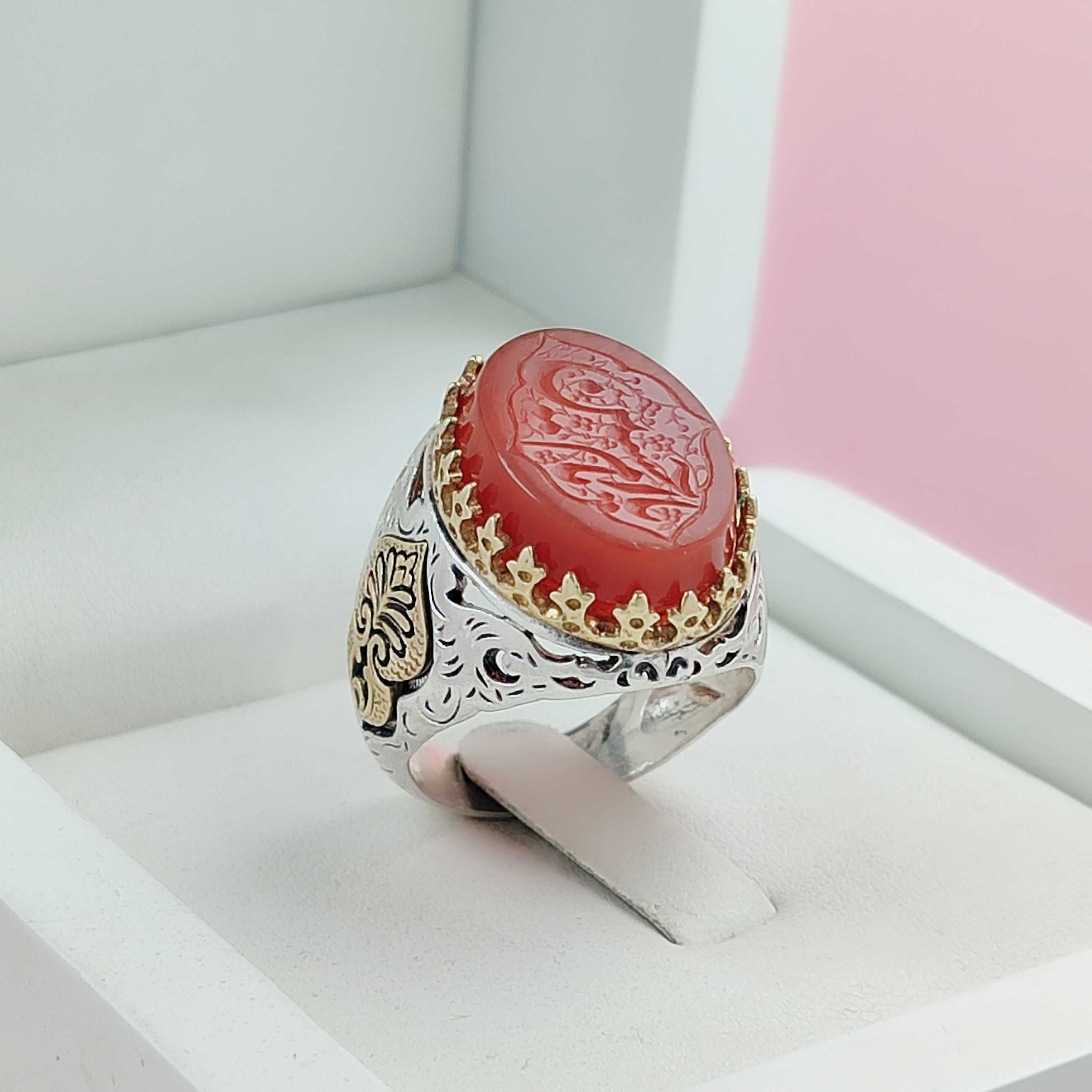 انگشتر یاامام حسین عقیق سرخ مردانه رکاب نقره