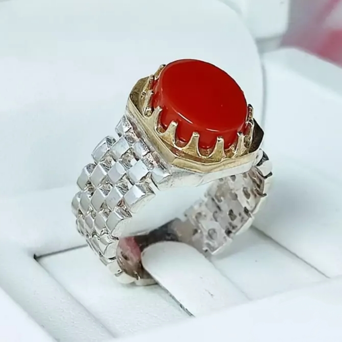 انگشتر مردانه عقیق سرخ طرح رولکسی (کد 1164)